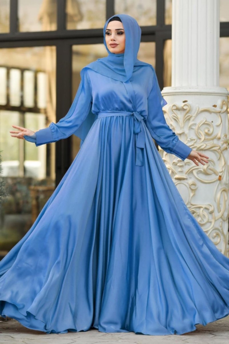 Neva Style Mavi V Yaka Krep Saten Abiye Elbise