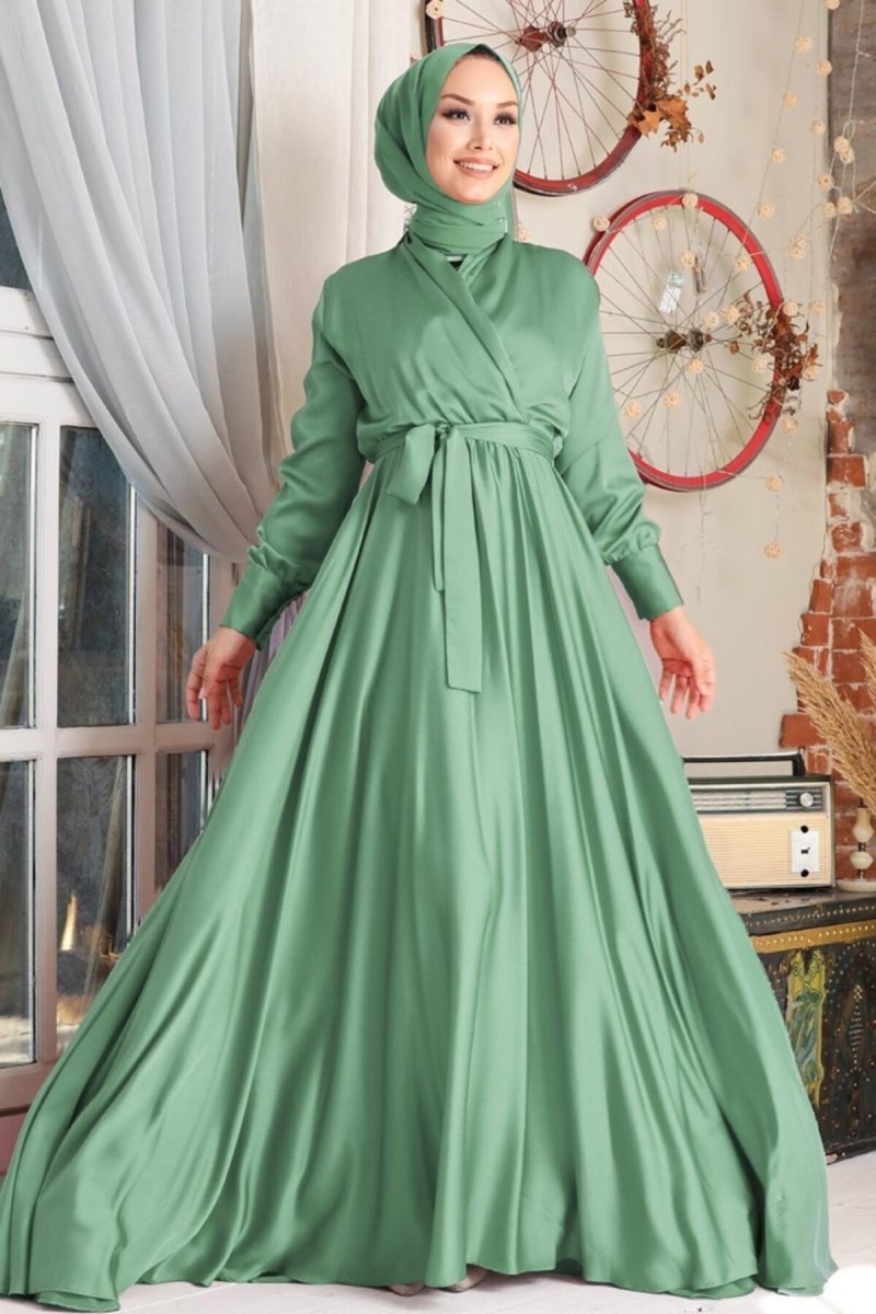 Neva Style Mint V Yaka Krep Saten Abiye Elbise