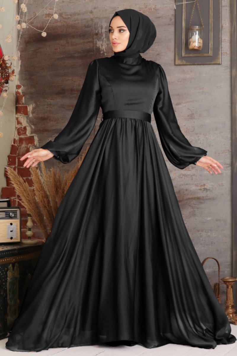 Neva Style Siyah Balon Kol Abiye Elbise