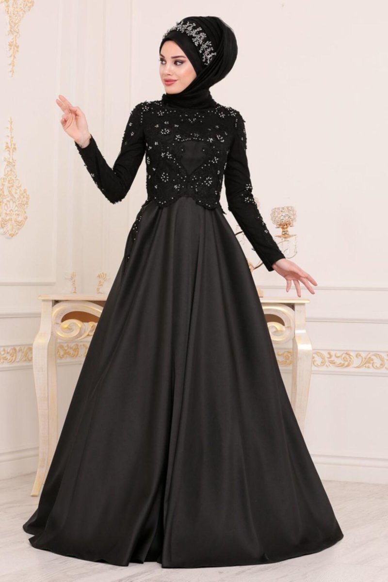 Neva Style Siyah Boncuk Detaylı Abiye Elbise
