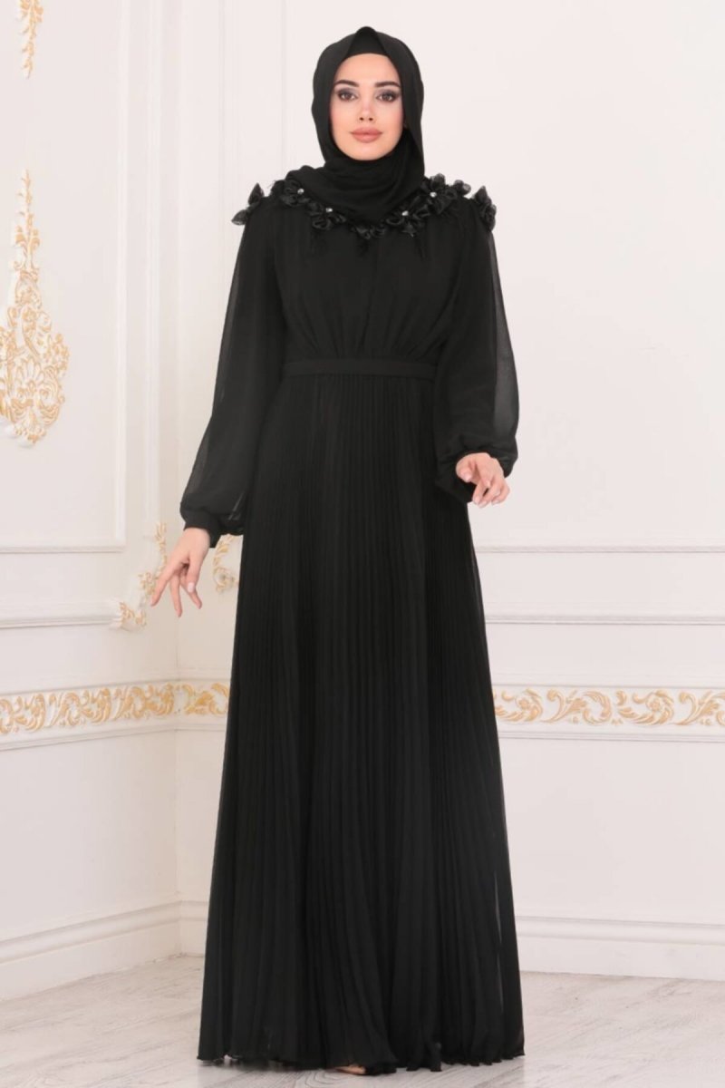 Neva Style Siyah Çiçek Detaylı Abiye Elbise