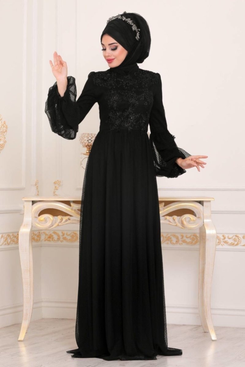 Neva Style Siyah Dantel Detaylı Abiye Elbise