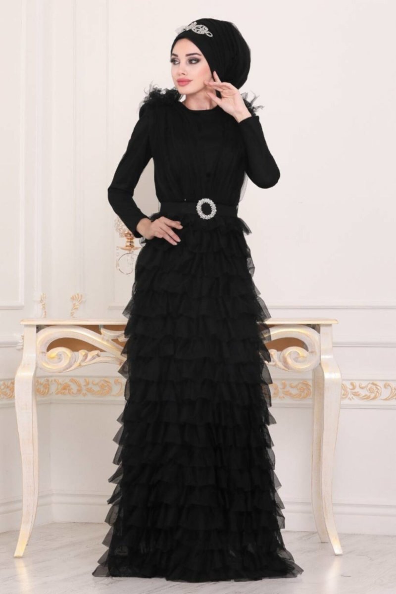 Neva Style Siyah Fırfırlı Abiye Elbise
