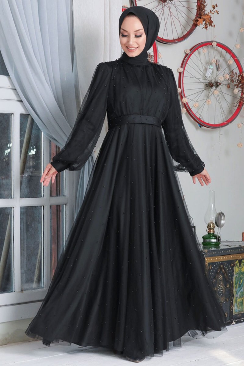 Neva Style Siyah İnci Detaylı Abiye Elbise