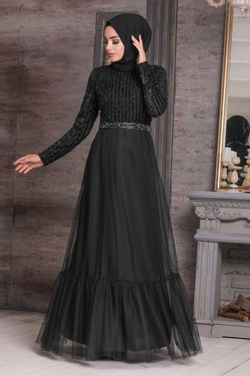 Neva Style Siyah Payet Detaylı Abiye Elbise