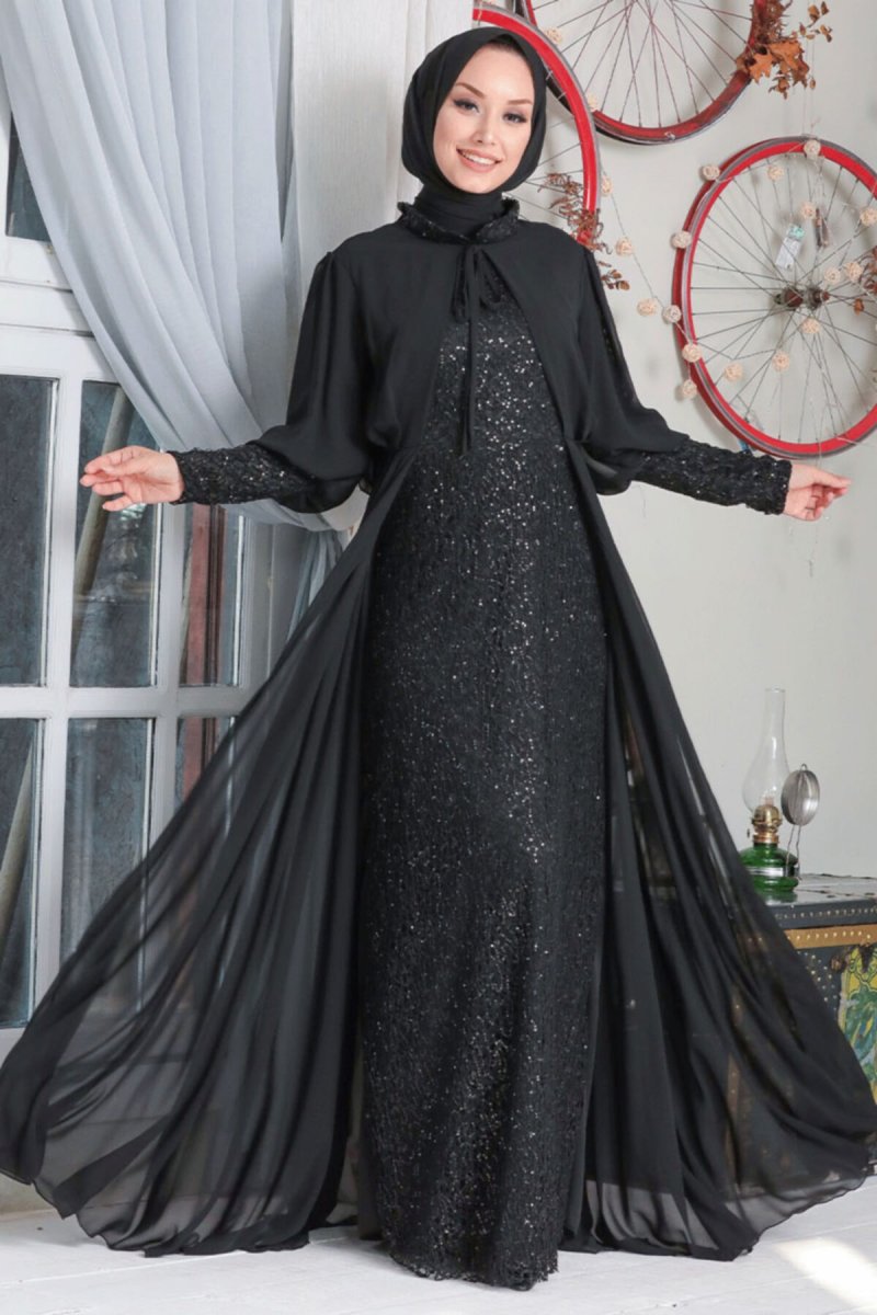 Neva Style Siyah Pelerinli Pul Payet Abiye Elbise