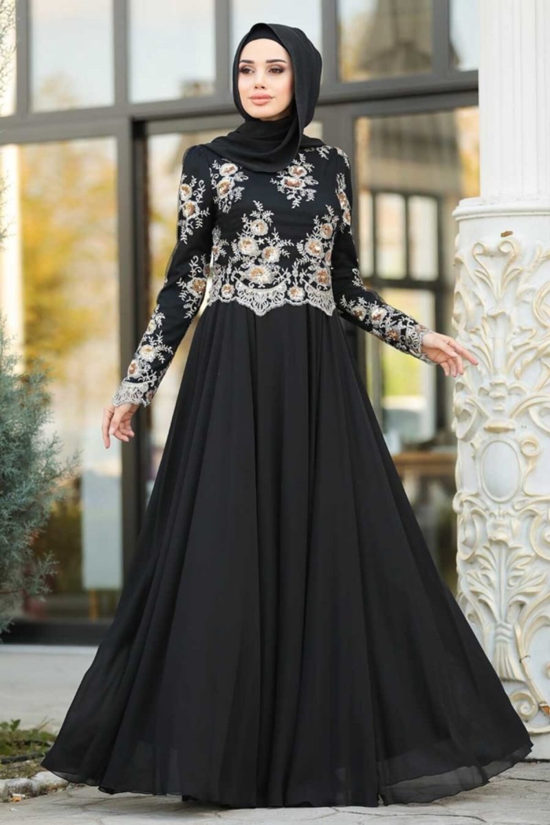 Neva Style Siyah Pul Payet Detaylı Abiye Elbise