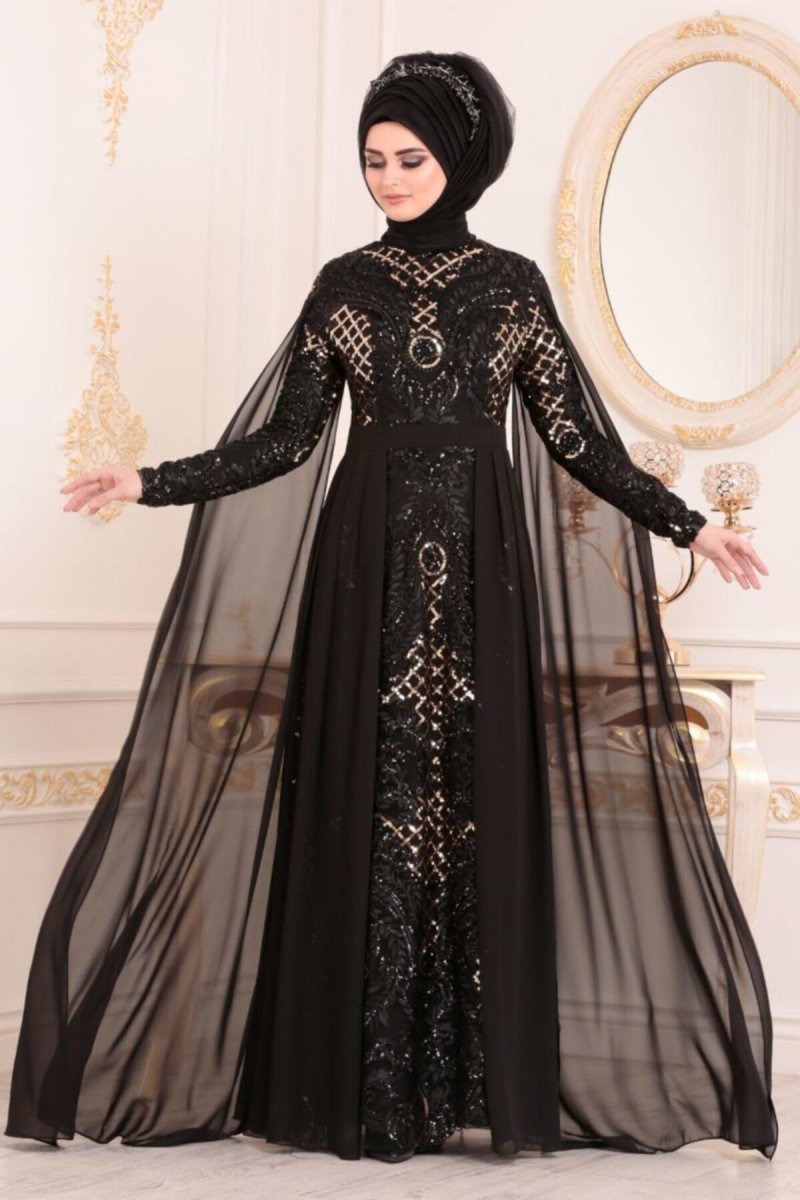 Neva Style Siyah Pul Payetli Abiye Elbise