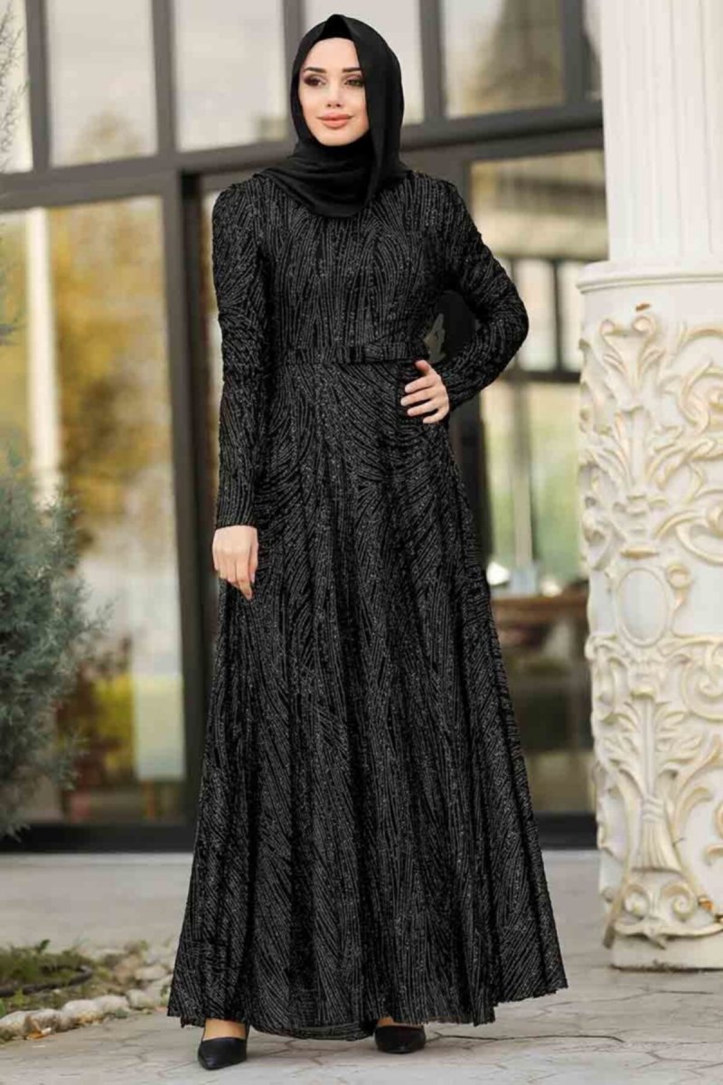 Neva Style Siyah Simli Abiye Elbise