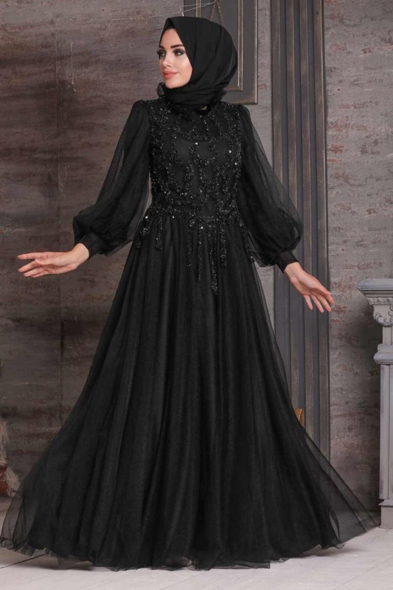 Neva Style Siyah Tüllü Abiye Elbise