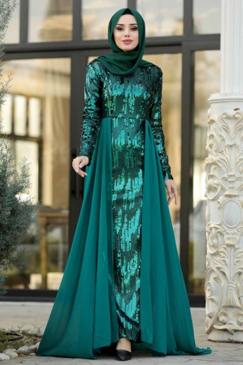 Neva Style Yeşil Pul Payetli Abiye Elbise