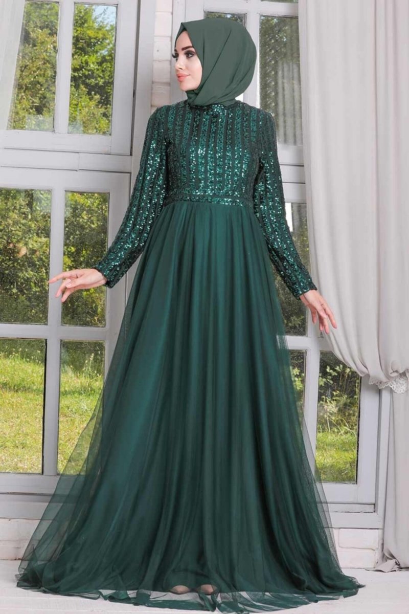 Neva Style Yeşil Pul Payetli Abiye Elbise