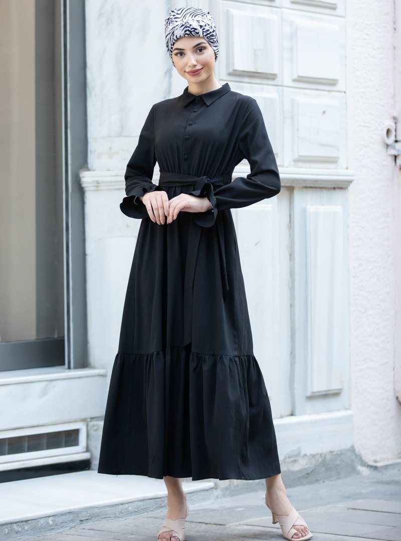 Piennar Siyah Vera Büzgülü Elbise