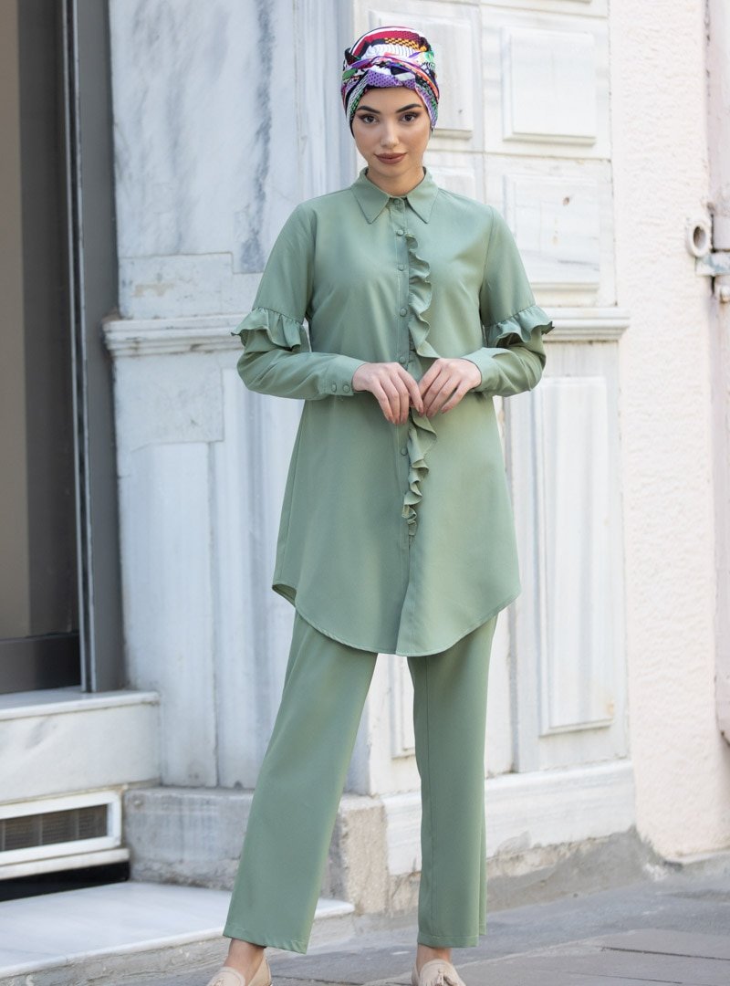 Piennar Yeşil Fırfırlı Tunik&Pantolon İkili Takım