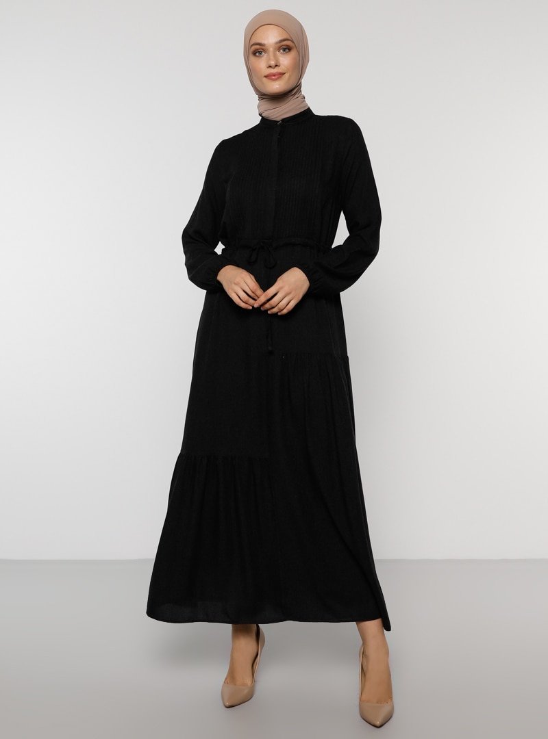 Refka Siyah Beli Bağcıklı Elbise