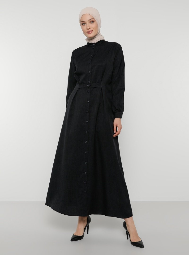 Refka Siyah Boydan Düğmeli Elbise