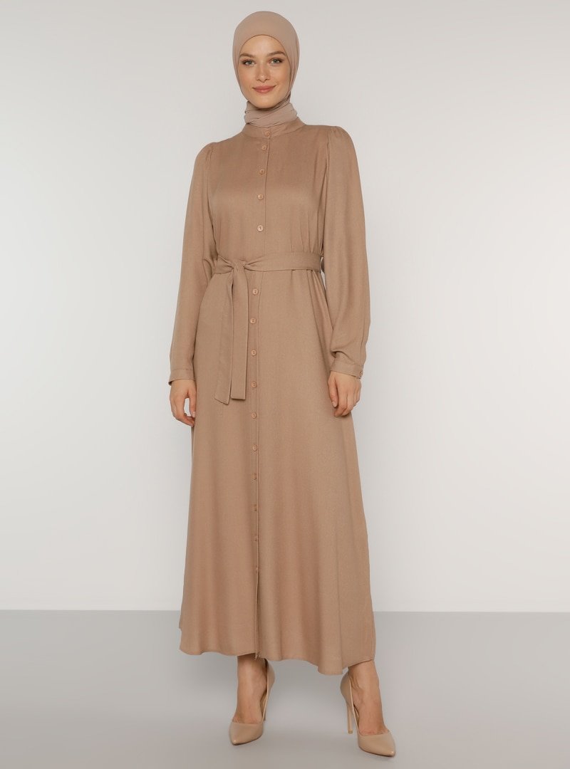 Refka Vizon Boydan Düğmeli Kuşaklı Elbise
