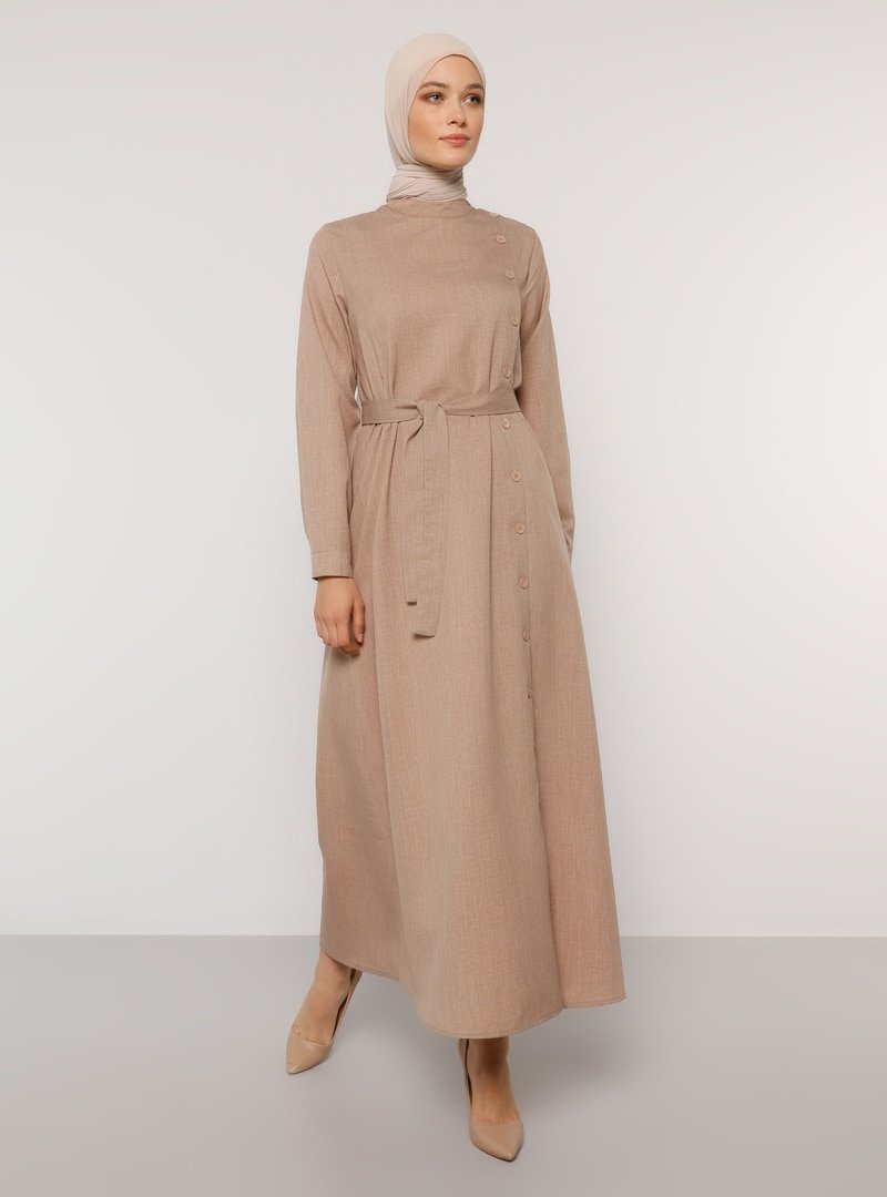 Refka Vizon Düğme Detaylı Kuşaklı Elbise