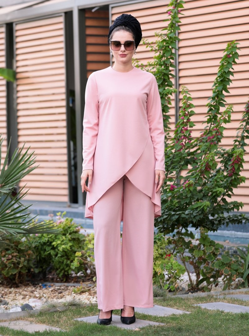 Selma Sarı Design Pudra Kuruvaze Tunik&Pantolon İkili Takım