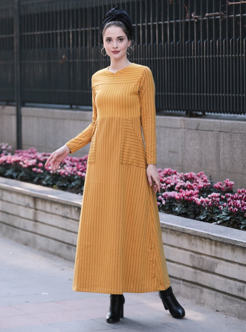 Selma Sarı Design Sarı Çizgili Cepli Elbise