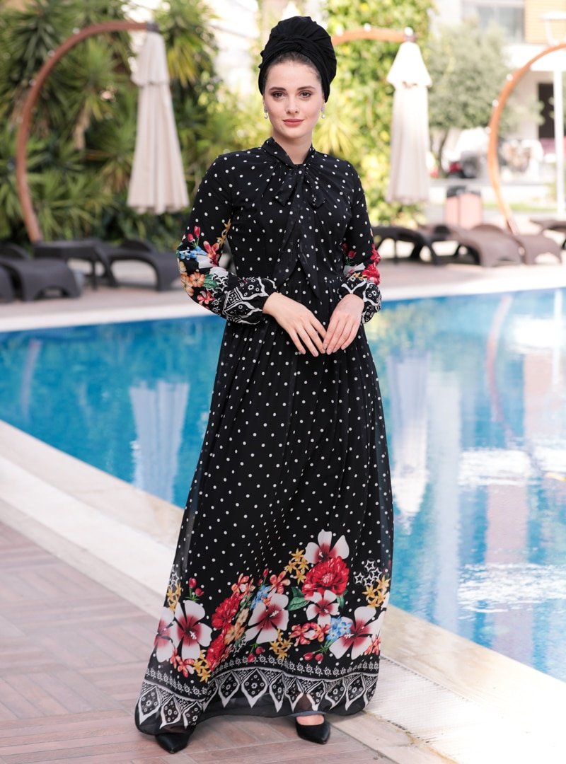 Selma Sarı Design Siyah Puantiyeli Çiçek Desenli Elbise