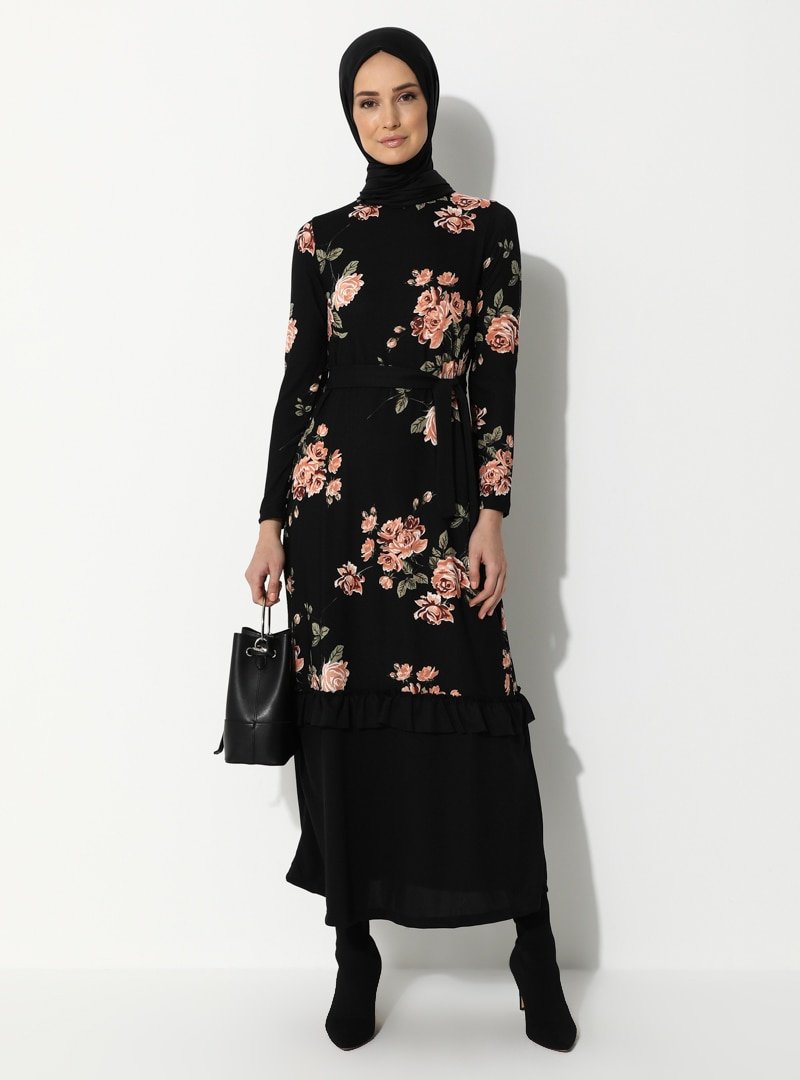 Selma Sarı Design Somon Siyah Fırfırlı Elbise