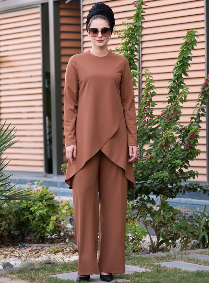 Selma Sarı Design Taba Kuruvaze Tunik&Pantolon İkili Takım
