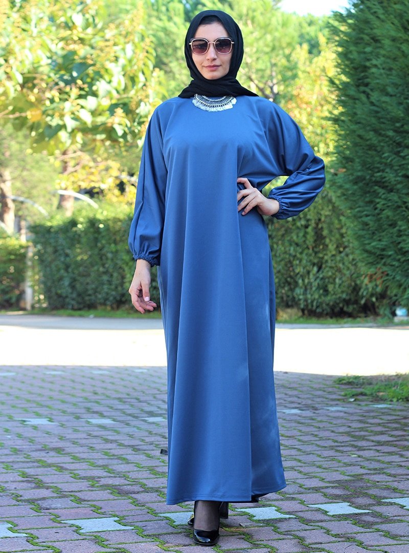 SULTANE Mavi Kol Uçları Lastikli Elbise