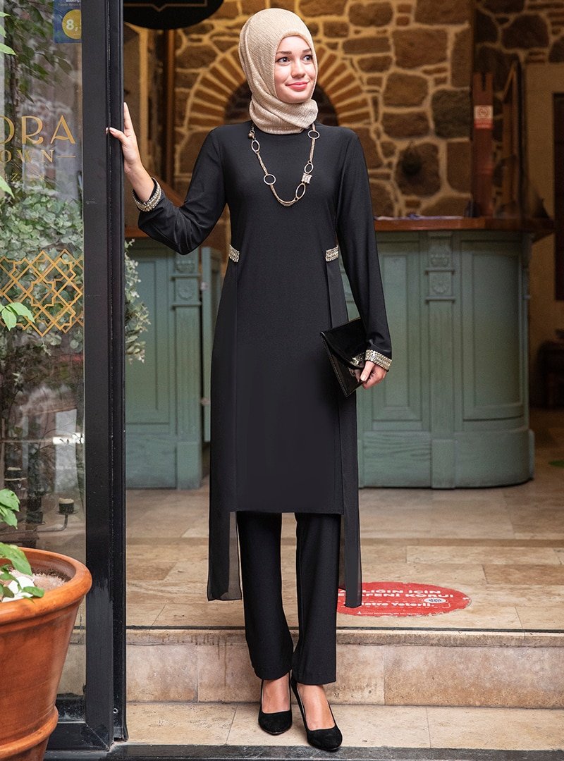 Sure Siyah Hayal Tunik&Pantolon İkili Abiye Takım