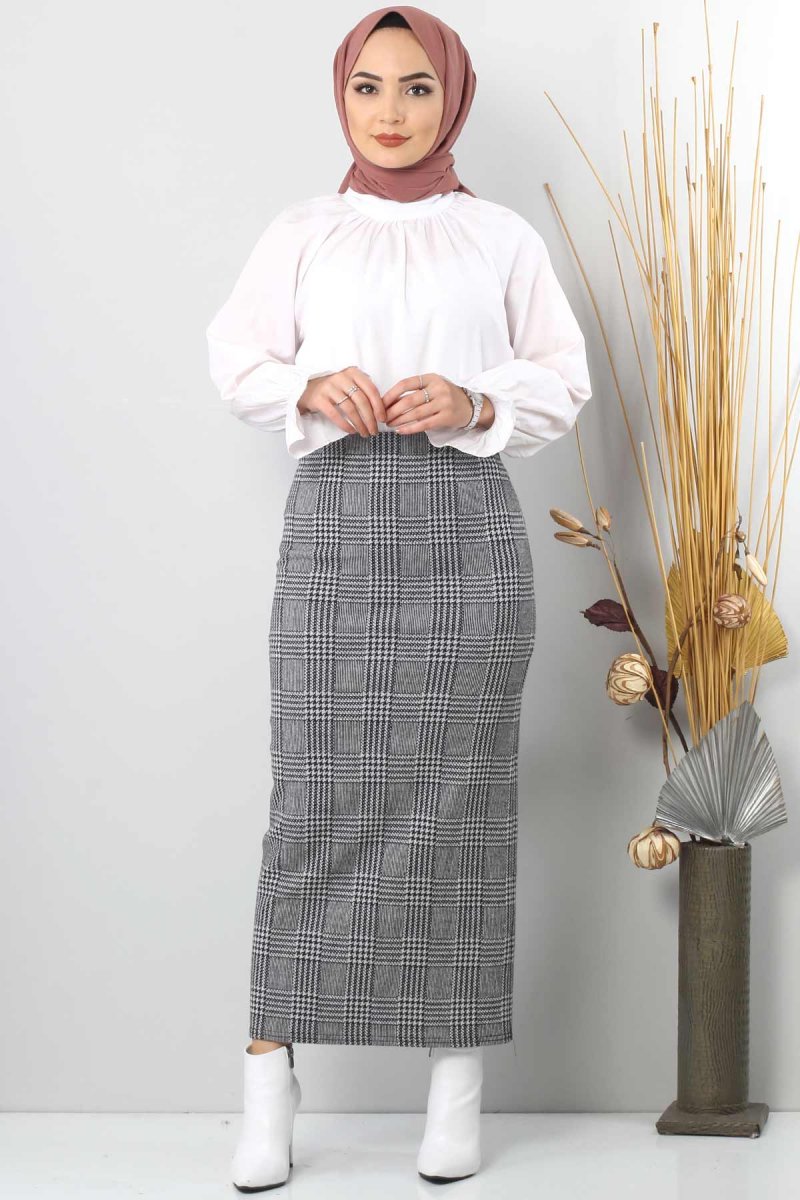 Tesettür Dünyası Gri Kışlık Ekose Kalem Etek