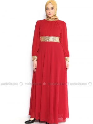 Modaysa Yakası Ve Manşeti Gold Şifon Kırmızı Elbise