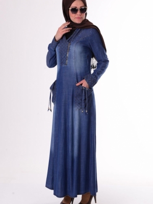 Sefamerve Mavi Kapüşonlu Kot Elbise