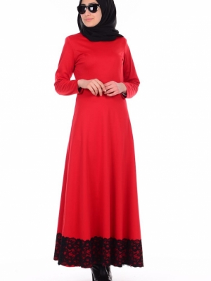 Sefamerve Kırmızı Eteği Dantelli Elbise