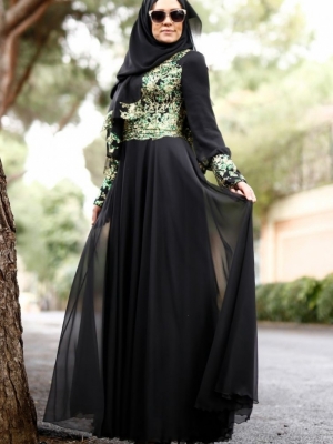 Sefamerve Siyah Yeşil Simli İşlemeli Şallı Tesettür Abiye Elbise