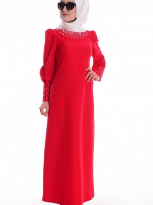 Sefamerve Kırmızı Boncuk Detaylı Elbise