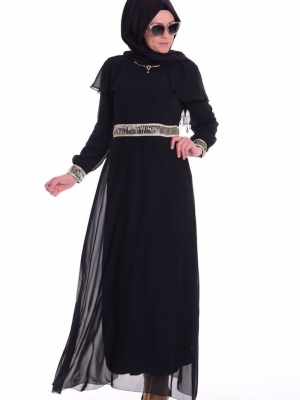 Sefamerve Siyah Şifon İşlemeli Elbise