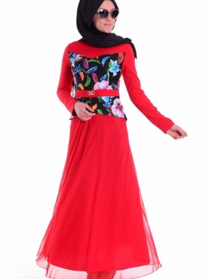 Sefamerve Kırmızı Çiçek Desenli Elbise