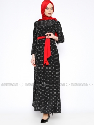 Tuncay Siyah Kırmızı Puantiyeli Elbise