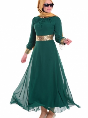 Sefamerve Zümrüt Yeşil İşlemeli Şifon Abiye Elbise
