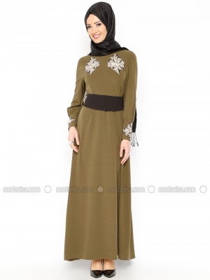 Modesty Haki Güpür Detaylı Elbise