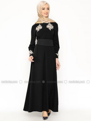 Modesty Siyah Güpür Detaylı Elbise