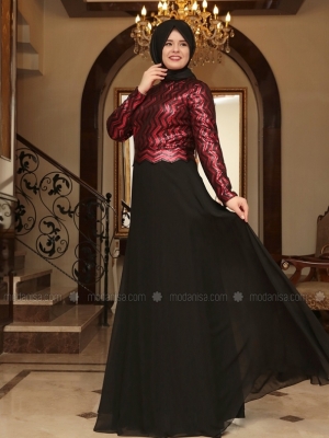 Saliha Kırmızı & Siyah Desen Abiye Elbise