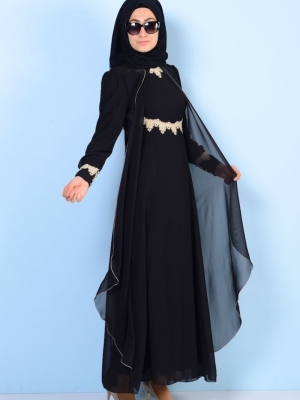 Sefamerve Siyah Dantelli Şifon Abiye Elbise