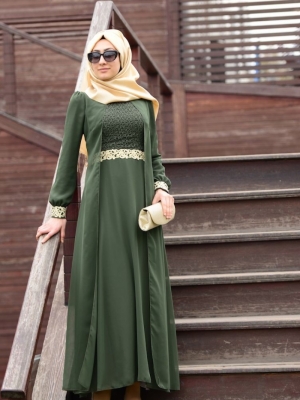 Sefamerve Haki Yeşil Şifon İşlemeli Elbise