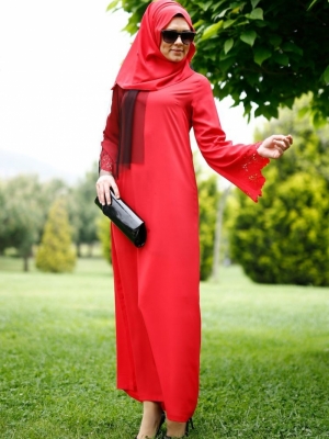 Sefamerve Kırmızı Lazer Şallı Elbise