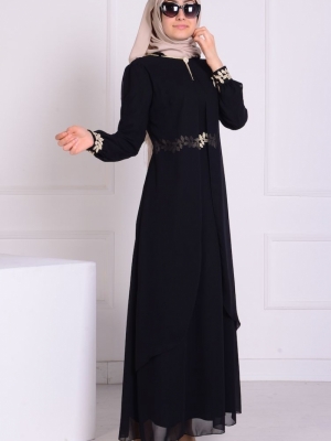 Sefamerve Siyah Güpürlü Şifon Elbise