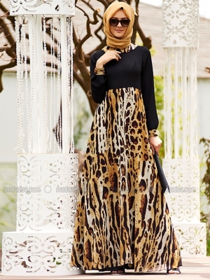 Nilüfer Kamacıoğlu Siyah Leopar Etekli Şifon Elbise