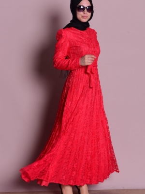 Sefamerve Kırmızı Piliseli Dantelli Elbise