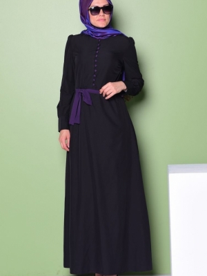 Sefamerve Siyah Düğmeli Likralı Elbise