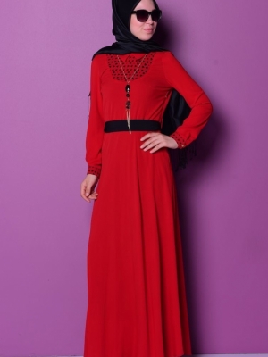 Sefamerve Kırmızı Lazer Kesim Kuşaklı Elbise